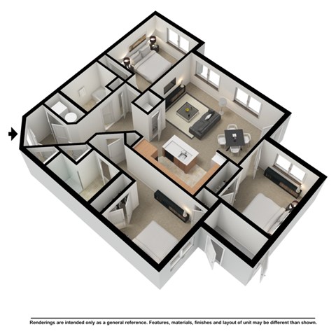 Floor plan for 3 beds, 2 baths, 1161 sqft